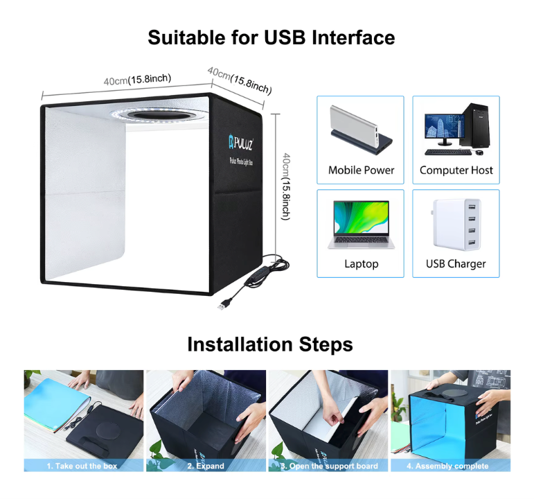 Estudio Fotográfico Pulux Portátil 40cm con Luz LED y 12 Fondos