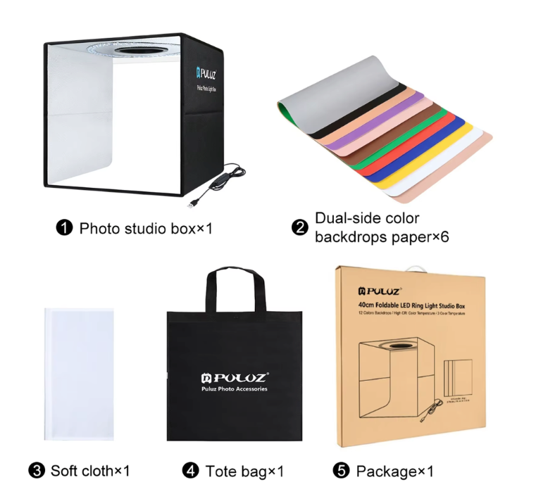 Estudio Fotográfico Pulux Portátil 40cm con Luz LED y 12 Fondos