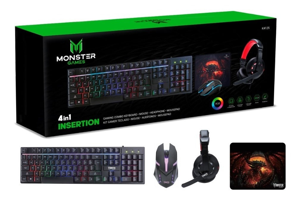 Kit Gamer Teclado Mouse Audfonos Monster Games Crew 4 EN 1