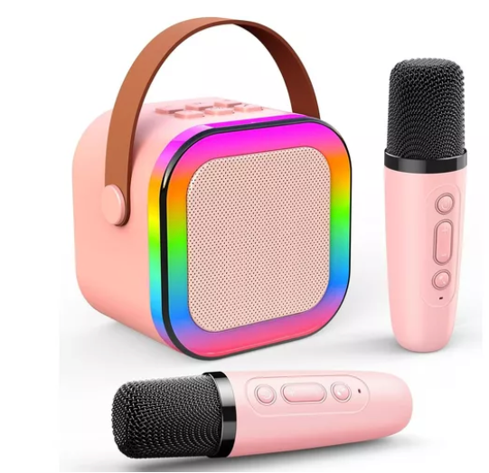Mini Parlante Karaoke Bluetooth Efectos Sonidos Luz+ 2 Microfonos Rosado