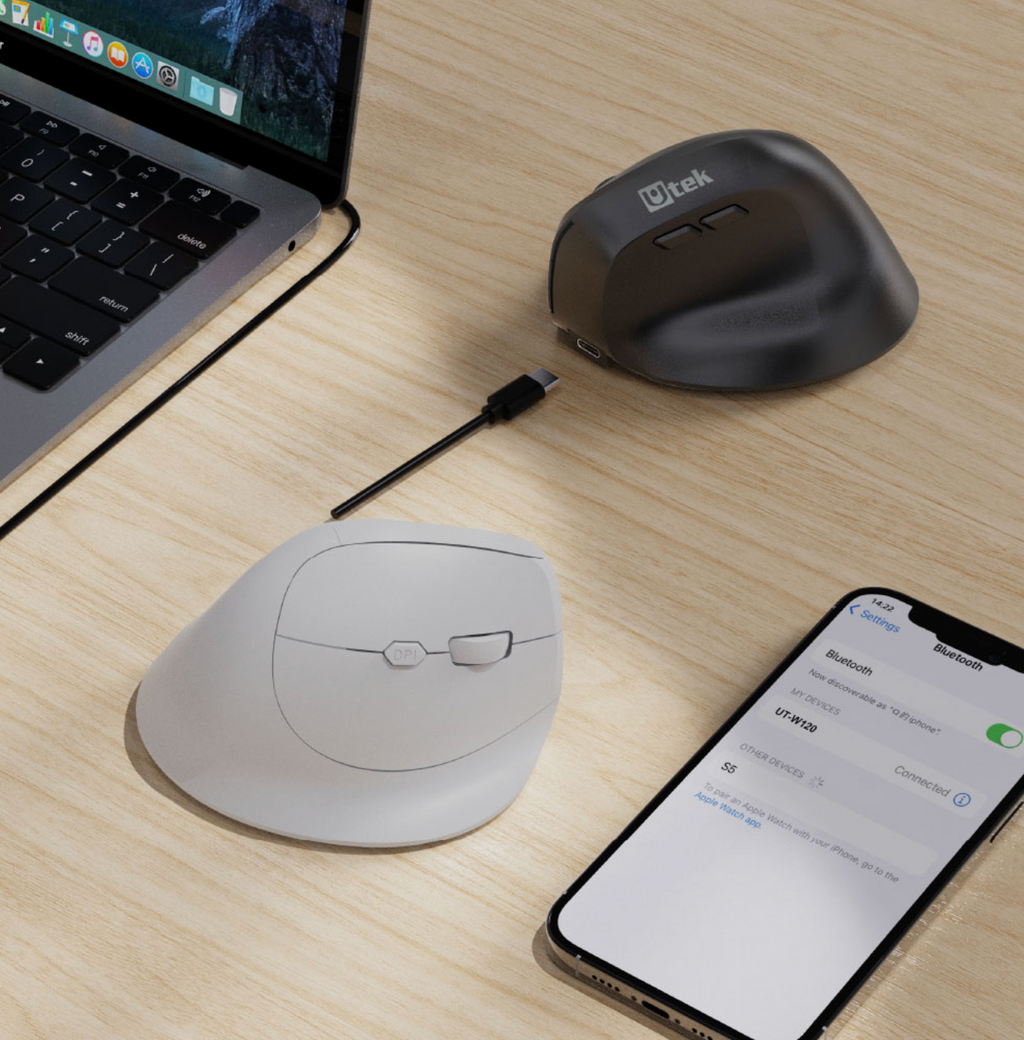 Mouse Inalámbrico Ergonómico 2.4GHz+BT Recargable Blanco