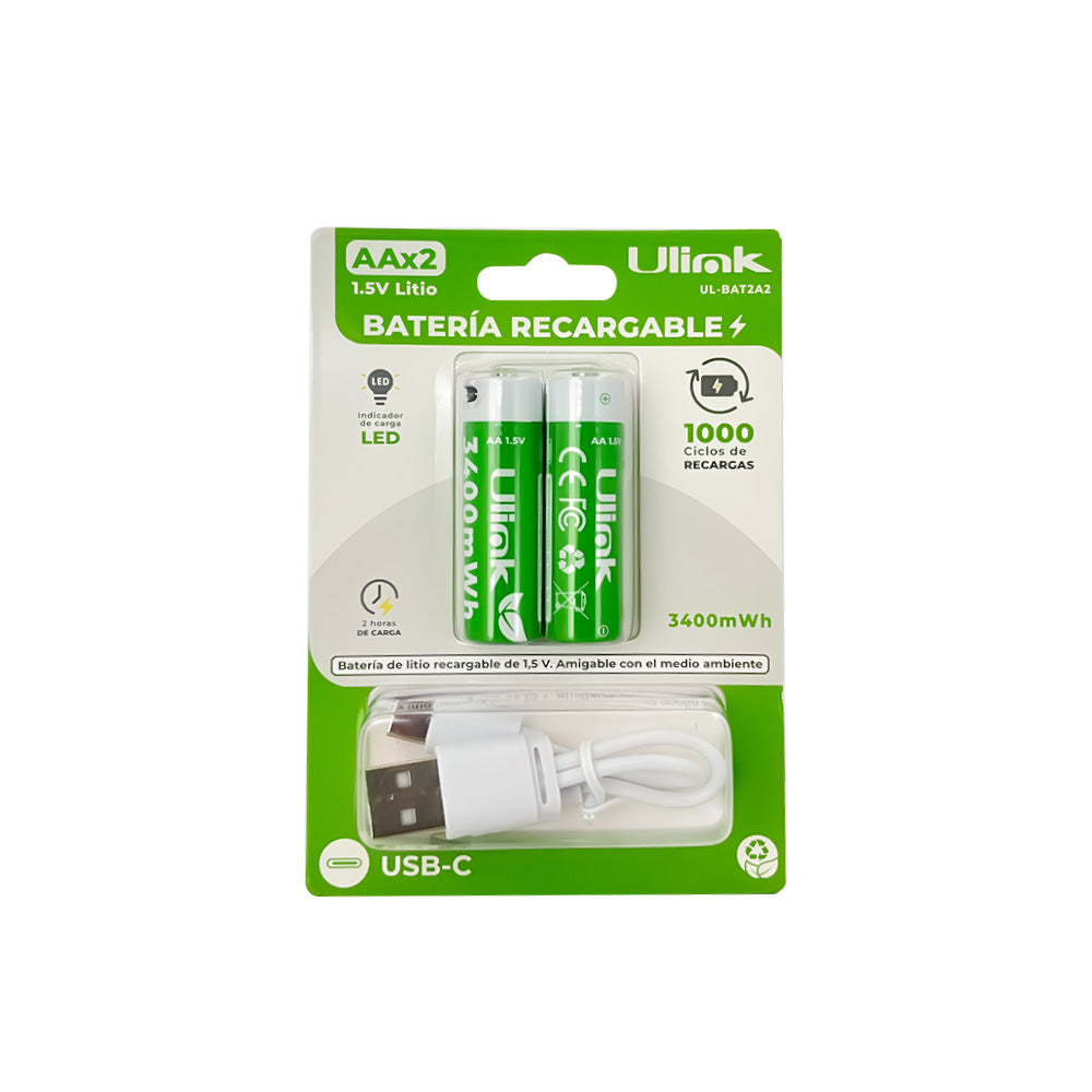 Pack 2 Pilas AA Recargables USB-C 3400mWh Ulink