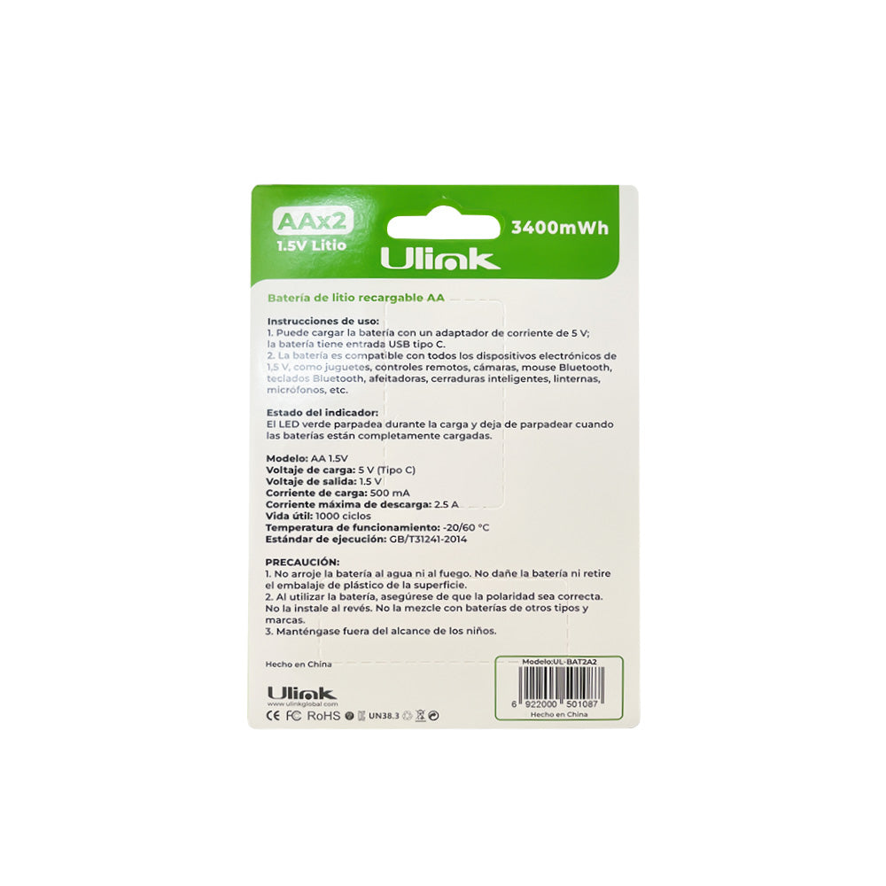 Pack 2 Pilas AA Recargables USB-C 3400mWh Ulink