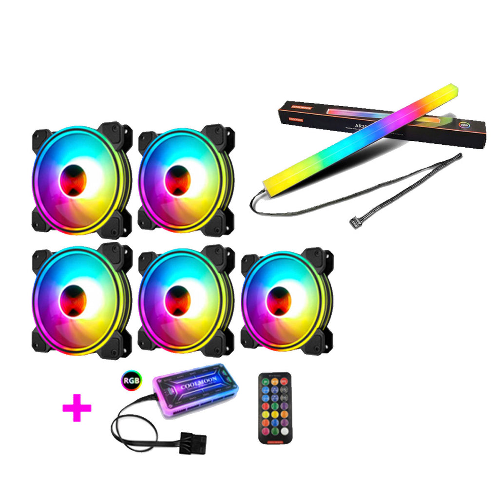 Set 5 Ventiladores 120MM Barra Led 30CM Control RGB CoolMoon